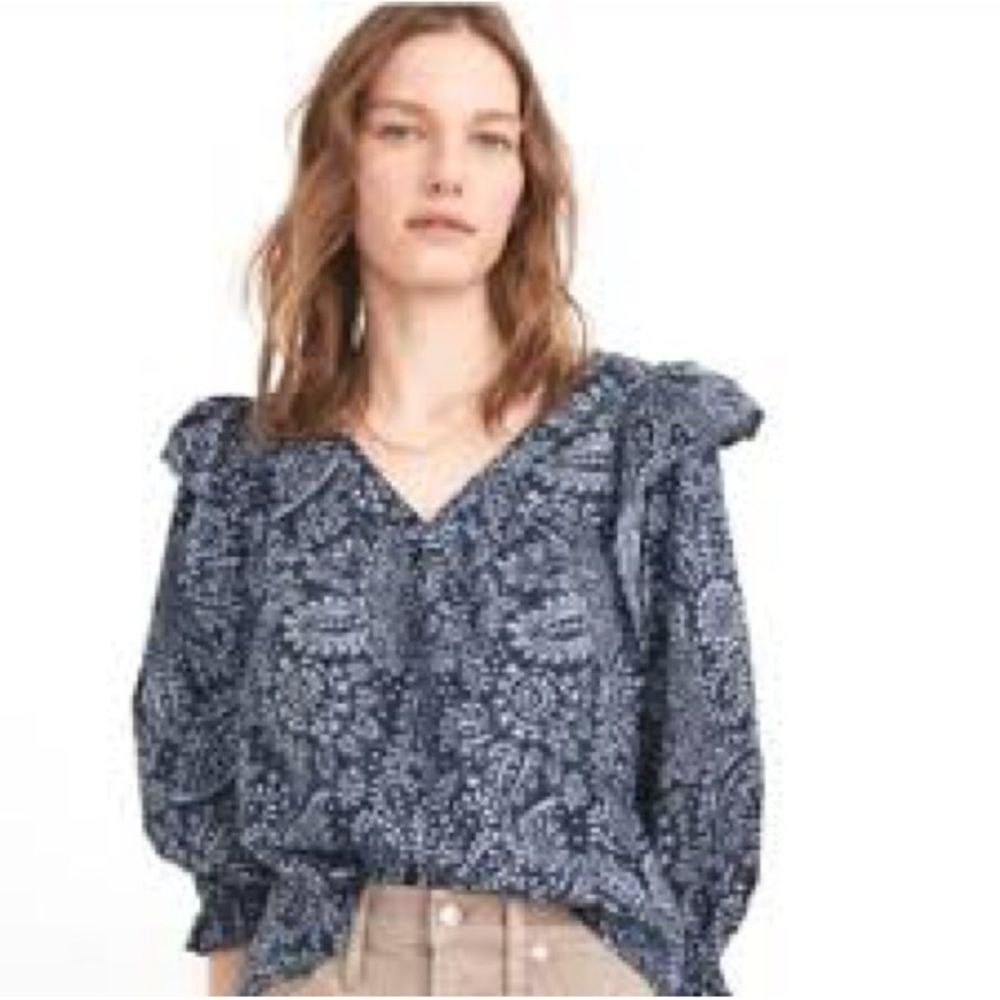 Madewell Blue Paisley Ruffle Top Small 100% Cotton Boho Blouse